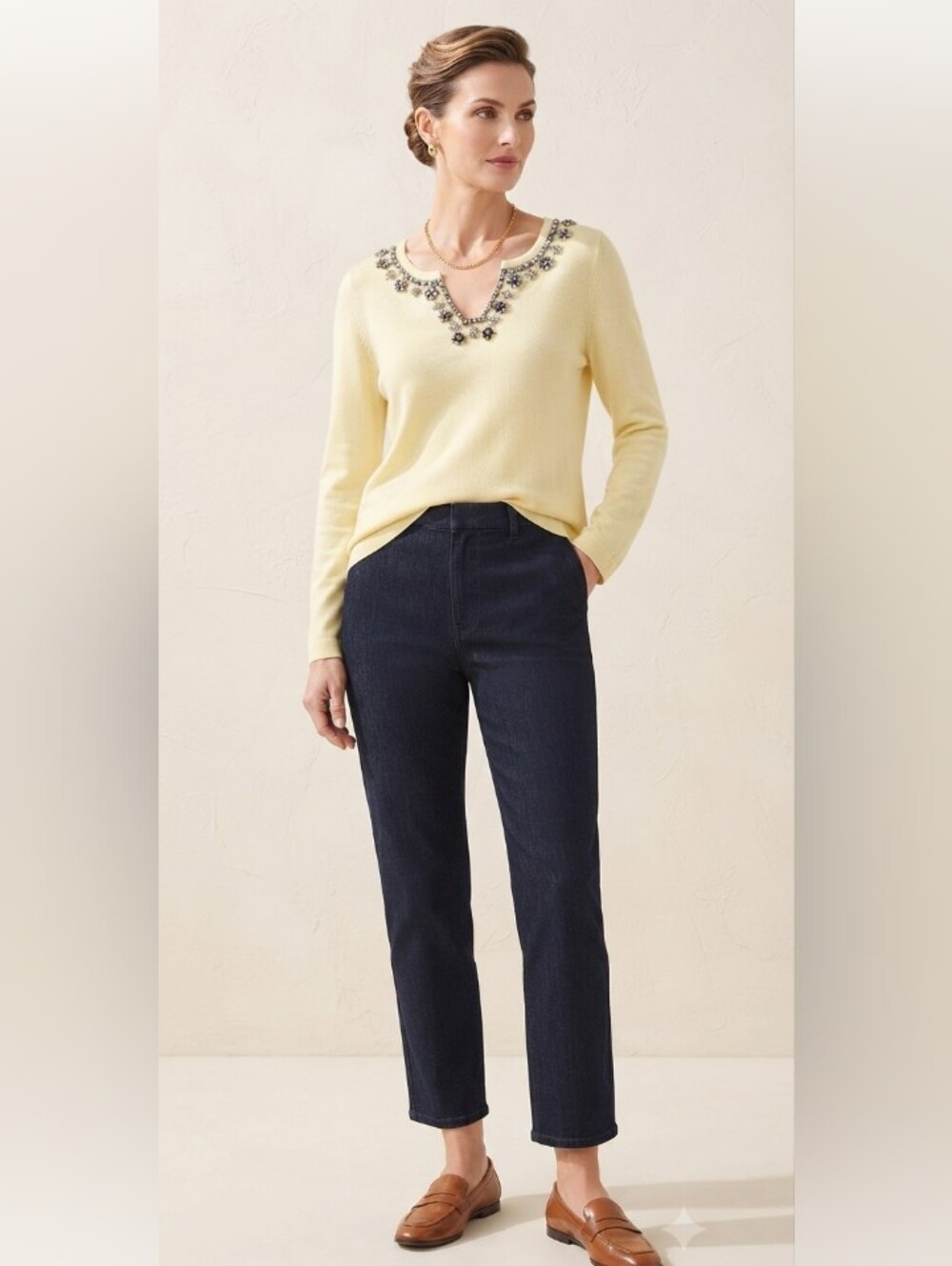 Soft Surroundings Pale Yellow Rhinestone Sweater Size Small